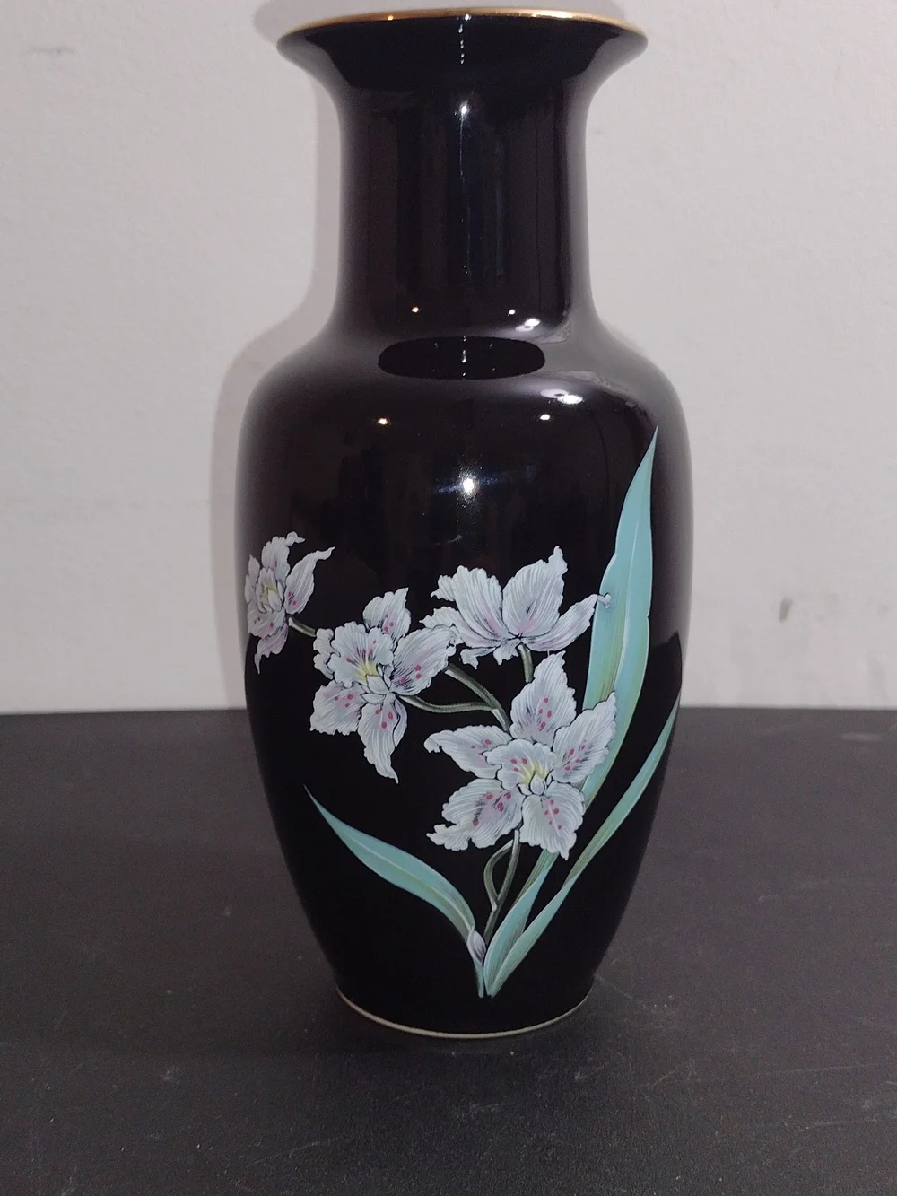 Japanese Weekend Black Ceramic Vase with Pale Pink Floral Design